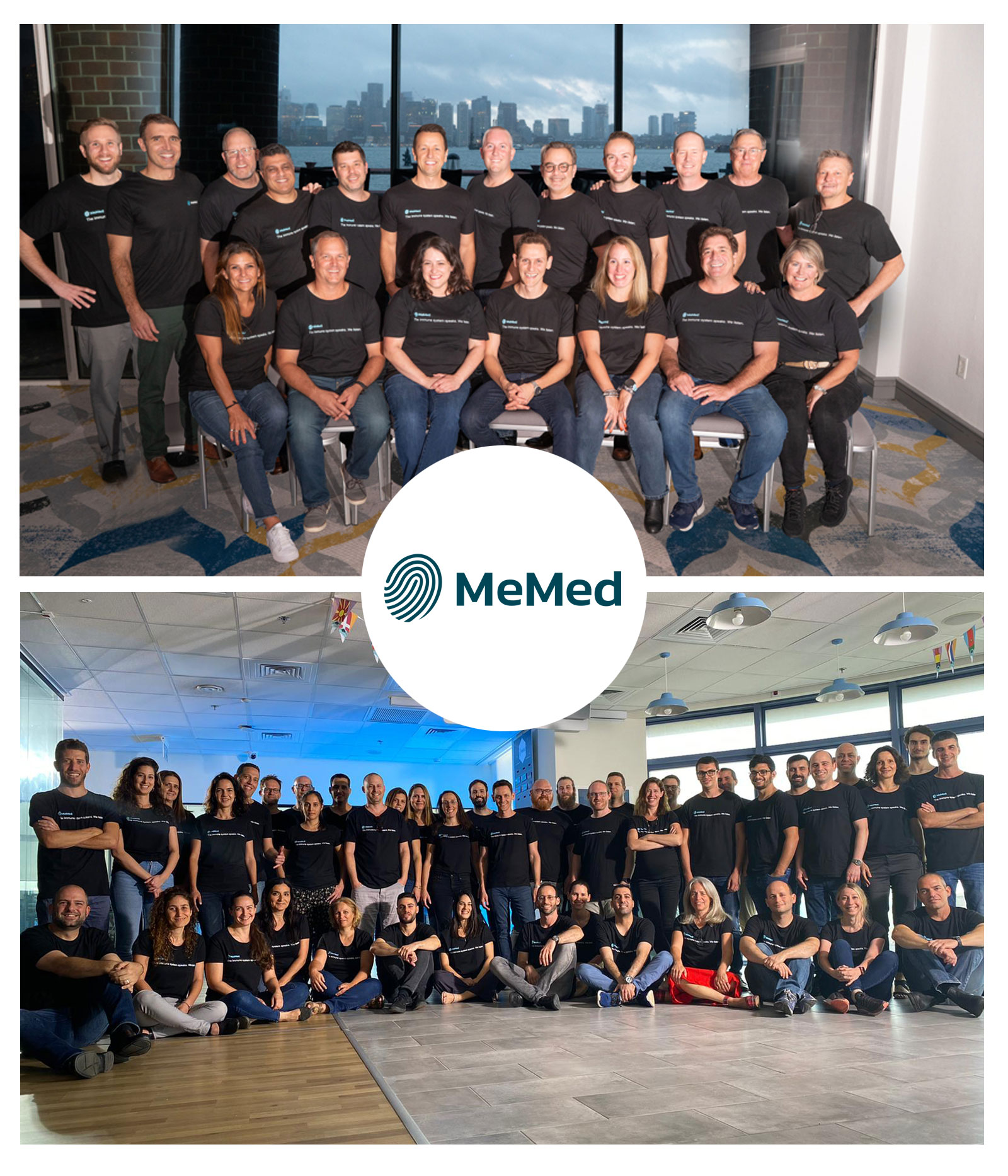 Dr. Eran Eden with the MeMed teams in the U.S. (headquarters in Boston, top) and Israel (headquarters in Haifa, bottom)