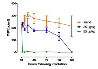 Figure 2:  Administration of erythropoietin-mimetic peptide at 24 hours post-radiation exposure inhibits TNF production. Four groups of mice (n=3) were irradiated with 15 Gy partial body irradiation and dosed with erythropoietin-mimetic peptide at the indicated concentration at 24 hours after irradiation.  Serum samples were collected at 2 hours, 4 hours, 12 hours, 24 hours, 48 hours, 72 hours, and 96 hours after ARA 290 dosing and assayed for TNF-Î± concentration.