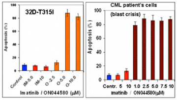 Figure 2. ON044580-induced apoptosis in IM-resistant (32D-T315I) cells and cells from late stage of CML patients (blast crisis).